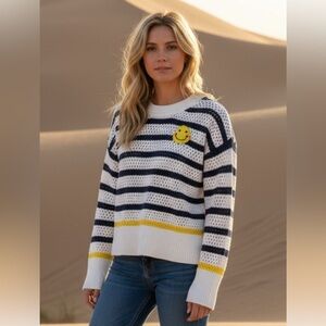 Kerri Rosenthal Knit Crochet Smiley Face Striped Sweater S Blue White Yellow